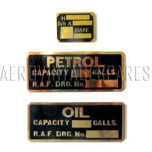These are exact copies to the original 1916 RFC drawing in heavy brass, bas relief - a process difficult if not impossible to obtain today.In addition, the set includes one Royal Aircraft Factory component label. The set of 3 is £30.00. Individually available also at £16.75 each for the Petrol and Oil label and £6.45 for the component label.