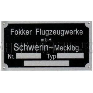 This is a reproduction of the data plate as fitted to early 1st World War Fokker built aircraft such as the Driedecker (triplane), the E-I, II and III and Focker D VII.