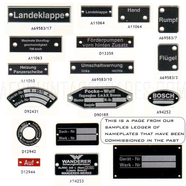This is a page from our samples ledger of nameplates that have been commissioned in the past