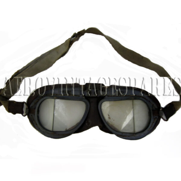 RAF Mk VIII goggles.   WWII period, marked indistinctly 22c/930.  Elastic has lost its elasticity and laminated glass discoloured but is good, untouched and honest goggles of the type used by the RAF from 1943.   Intials 'K.P.' on outside of the elastic.